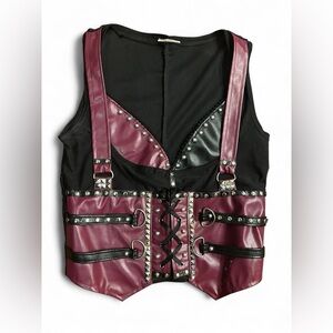Studded faux leather vest top with straps and lace-up front